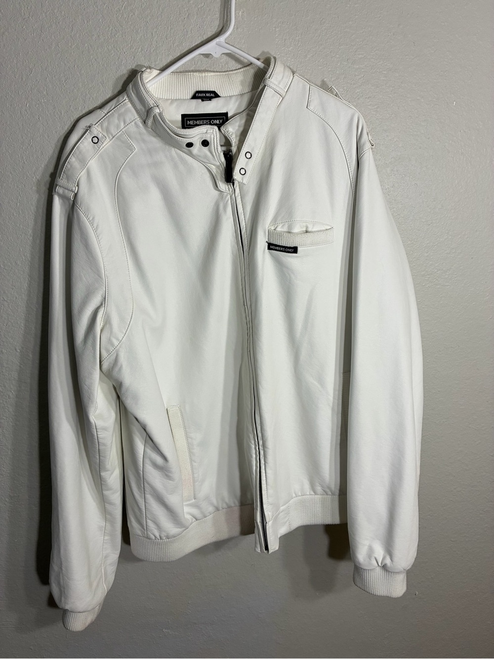 Members Only White Faux Leather Bomber Jacket